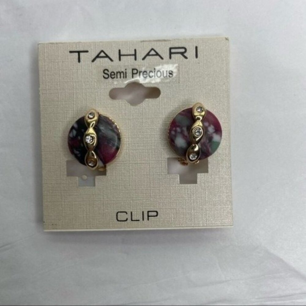 Tahari Round Purple/Green w/ 3 Rhinestone Detail Gold Tone Clip-On Earrings NEW